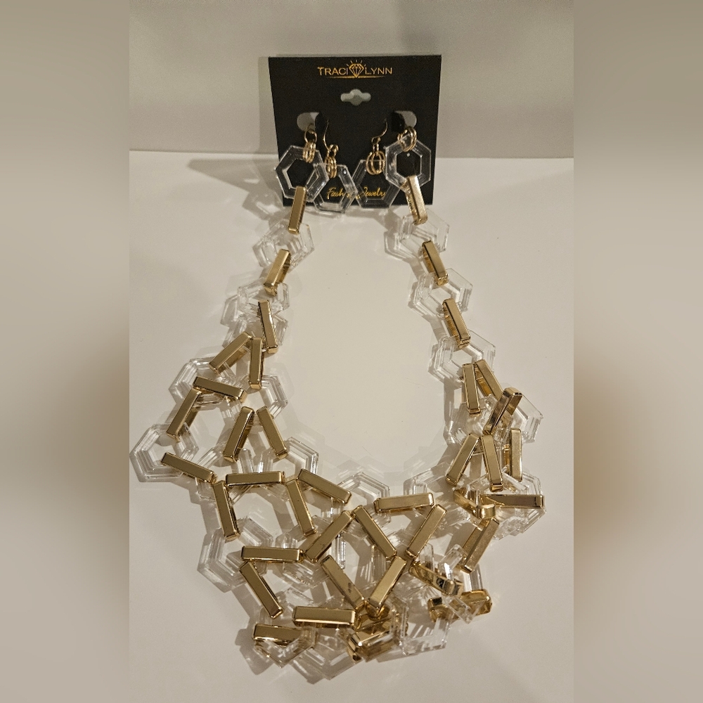 Fashion Jewelry Gold and Clear Geometric Necklace Set